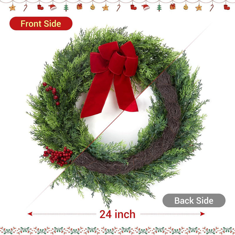 24 Inch Christmas Door Wreath, Large Outdoor Christmas Cypress Wreath with Berries Velvet Bow, Artificial Winter Xmas Greenery Wreaths for Front Door Fireplace Holiday Decor