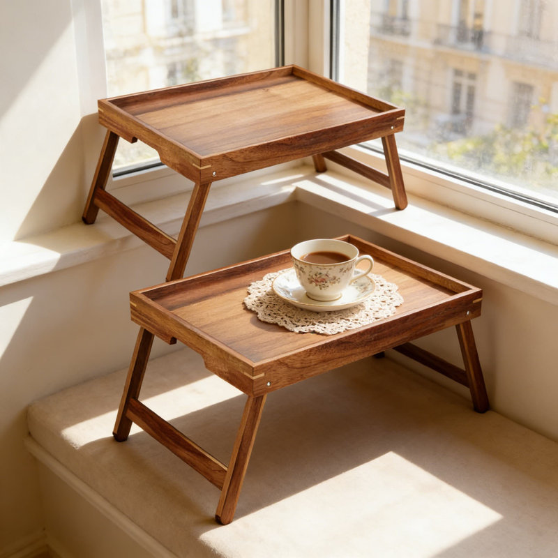 Acacia Wood Bed Tray Table With Folding Legs - 2 Pack, Multi-Purpose Breakfast, Laptop, And Serving Tray With Guardrail, Sturdy Natural Wood Design