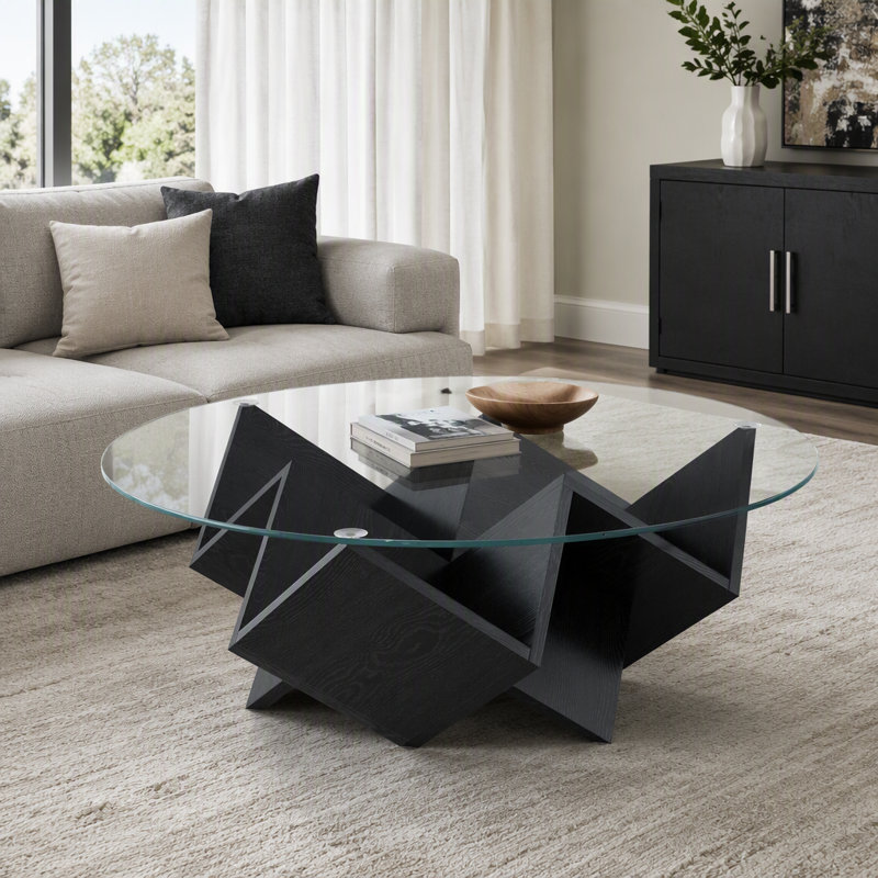 Table basse ronde avec plateau en verre et tablettes de rangement, Black