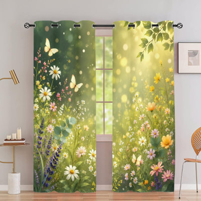 2PCS Grommet Top Spring Meadow Daisy Butterfly Floral Pattern Polyester Curtain Drapes, Thermal Insulated Blackout Room Darkening Curtains with Privacy Protection, Decorative Indoor Window Panels for Bedroom Living Room Teenage Home Decor