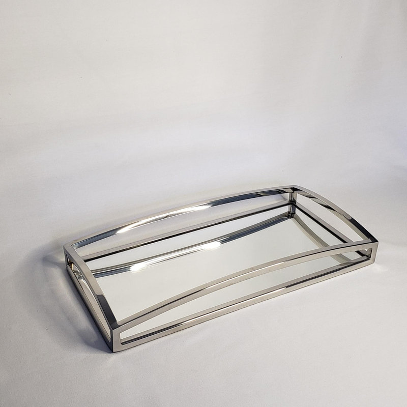 Cesear Silver Metallic Rectangular Vanity Tray With Mirror 15.75 X 8"