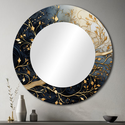 Miroir mural floral gris pâle et bleu pâle, motif arbre à branches dorées et feuilles lumineuses, style moderne, en métal imprimé.
