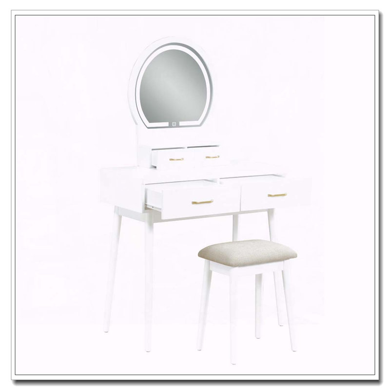 White Finish Vanity Dresser with LED Mirror, 4 Drawers and Stool, White