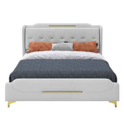 King Size Bed Frame In Grey With Pu Leather Upholstery, Wingback Headboard, , Gold Metal Decoration, 800 Lbs Weight Limit, And Accents, Main Color, No Box Spring, Easy To Install