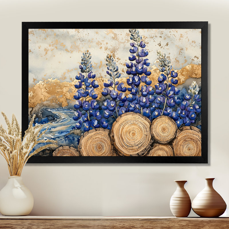 «Jabien Blue Bonnets Flowers On A Wood Slide Landscape I - Blue Bonnets Large, art mural», H 12 po x l 20 po, Avec cadre