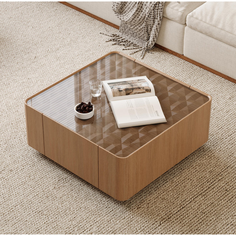 Table basse de 31,5 pouces carrée avec tiroirs de rangement, table basse moderne en bois avec plateau en verre, tables de centre de table de thé pour bureau de salon, noyer