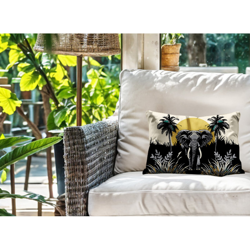 Coussin rectangulaire intérieur / extérieur Sima Elephant, Rectangle H 14 po x l 20 po, Noir