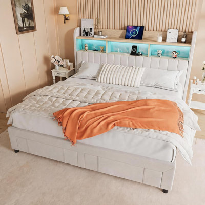 King Size Upholstered Bed Frame with 2 Drawers and LED Lights, Beige