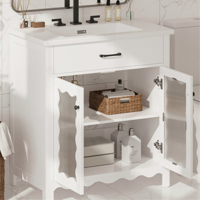 Meuble-lavabo de 31 po avec verre trempé, fonction de fermeture en douceur et tablettes réglables pour un meuble-lavabo intégré personnalisable de 31 po, charnières à rayures verticales agréables