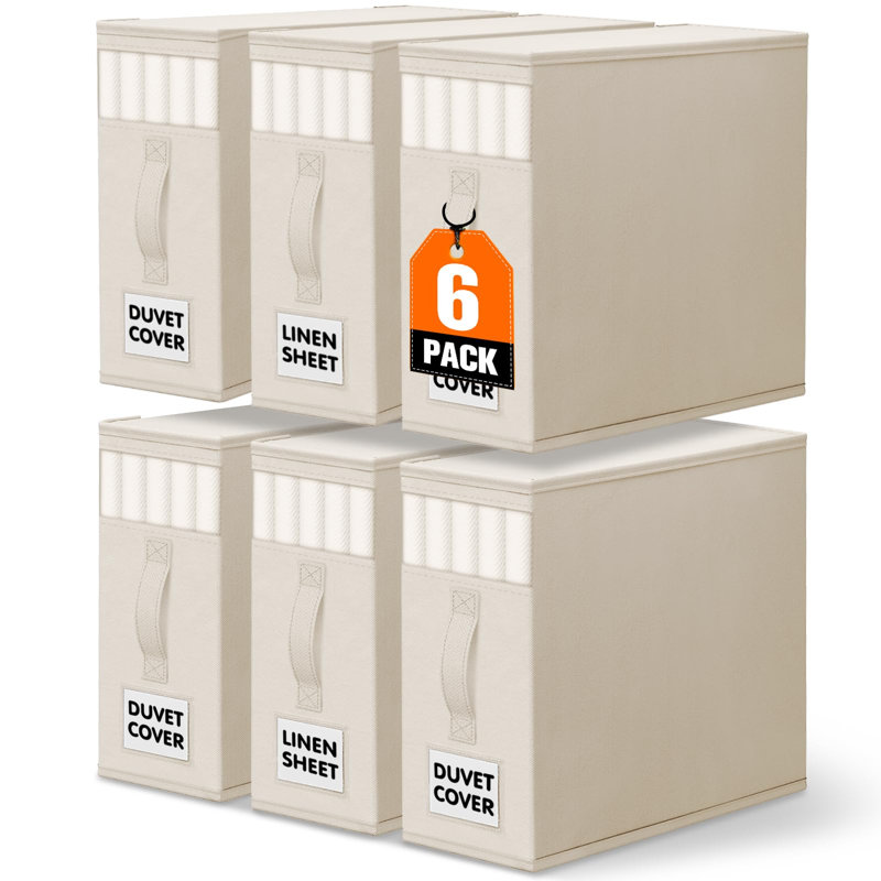 Organisateur de draps et rangement, organisateur de draps pour placard, rangement sous le lit et organisation avec étiquettes et fenêtre transparente, paquet de 6, beige
