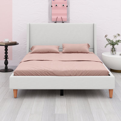 Upholstered Platform Bed With Wingback Headboard And Wooden Legs