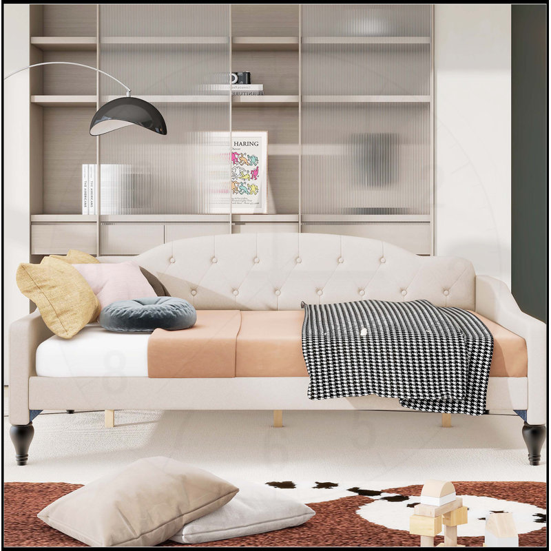 Lit de jour double capitonné capitonné, beige avec lin durable et design à oreilles élégant pour la vie moderne