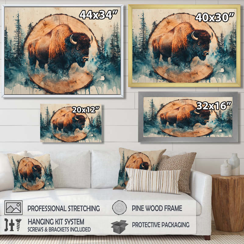 «Marcison Bison In Wood Slide Forest Landscape - Bison Large», art mural, H 30 po x l 40 po, Cadre flottant, Argent argent