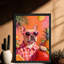 Bouledogue français rétro sur fond noir à thème rose pour un look de vacances, reproductions d'art encadrées d'animaux mignons-1384625029
