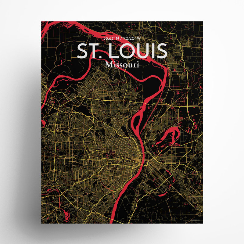 St. Louis City Map, impression, H 20 po x l 16 po, Noir / rouge / jaune
