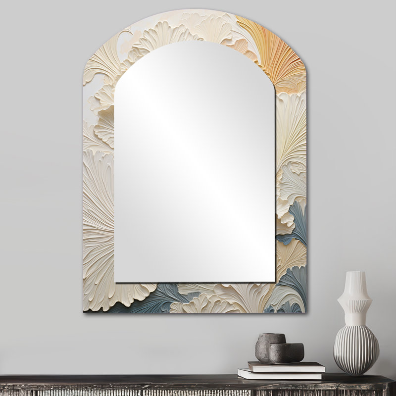 Plamier moderne beige doré - grand miroir en arche tropicale côtière, décor de miroir mural asymétrique beige unique, impression d'art en métal
