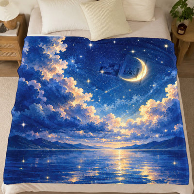 Couverture en flanelle imprimée ciel étoilé et croissant de lune (1 pièce) – Scène nocturne saisissante ; Douce et chaude ; Parfait pour le divan-lit ; Accessoire de décoration pour la maison ; Parfait pour relaxer en voyage ; Idée cadeau originale ; Articles de literie et de sofa
