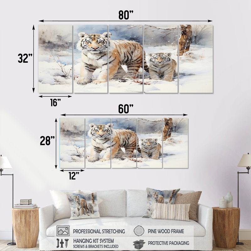 Ensemble de 5 tigres blancs jouant dans la neige III - Tigre, art mural, H 28 po x l 60 po