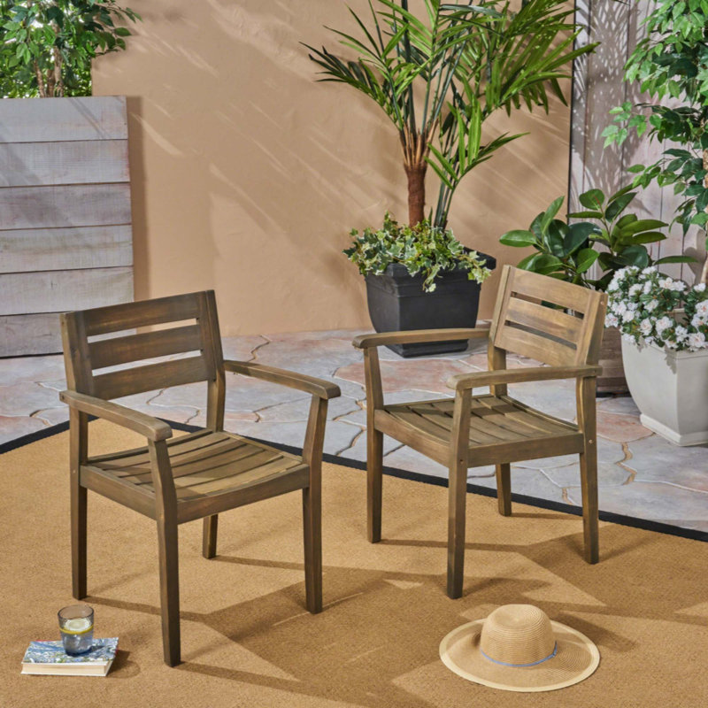 Ensemble de 2 chaises de salle à manger, fauteuil de patio en bois d'acacia, pour cour, bord de piscine, jardin, Brun