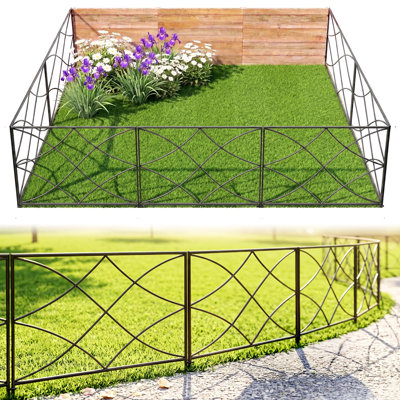 16" H Decorative Metal Garden Fence, 5 Panels, 9.12 ft Total, No-Dig Black Landscape Border for Flower Beds & Yards