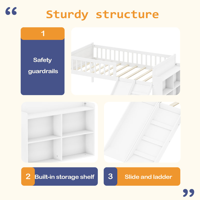 Structure de lit simple avec tablette de rangement, structure de lit en bois avec glissière et échelle, lit plateforme simple avec garde-corps, aucun sommier requis, assemblage facile