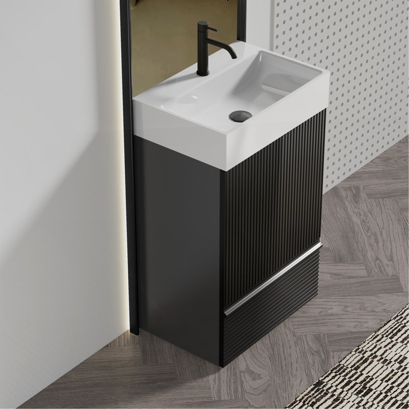 Gada 20" Striped Matt Black Bathroom Vanity With Ceramic Sink, Freestanding Bathroom Cabinet For Modern Bathroom, KD, Black