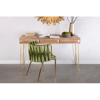 Shani Le Marais Wood Desk with 3D Spike Drawer Fronts and Gold Curved Legs – Modern Writing Desk by Everly Quinn