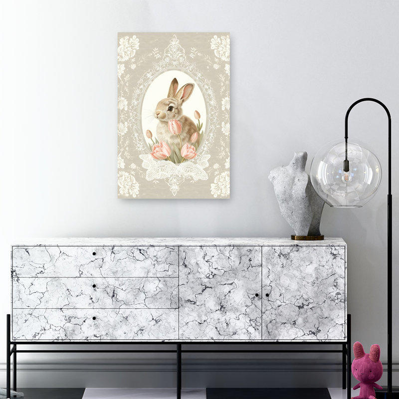 «Sweet Bunny with Tulips Elegant Vintage Whimsical Rabbit Tulip Flower Spring», reproduction d'art, H 36 po x l 24 po