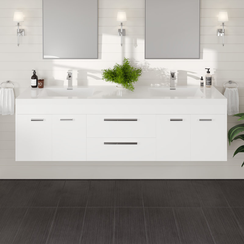 Wauconda 72"W X 20"D Wall Mount Double Sink Bathroom Vanity With White Acrylic Countertop And Integrated Sinks, White