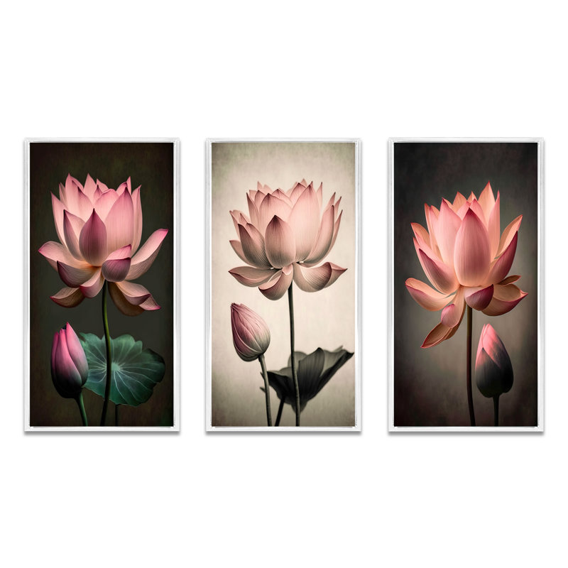 «Blossoming Pink Vintage Lotus», 3 pièces sur toile, Blanc, H 28 po x l 36 po