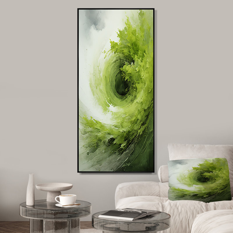 «Green and White Whsipering Abstract Spiral I», art mural spirales abstraites, Cadre flottant noir