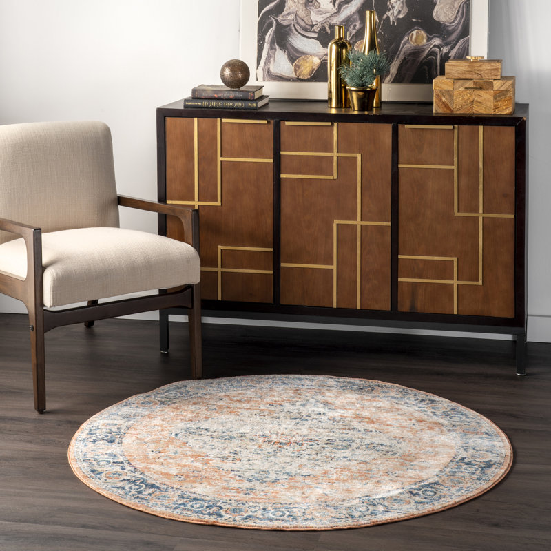 Casarez Oriental Power Loom Performance Beige/Blue Rug, Round 6'