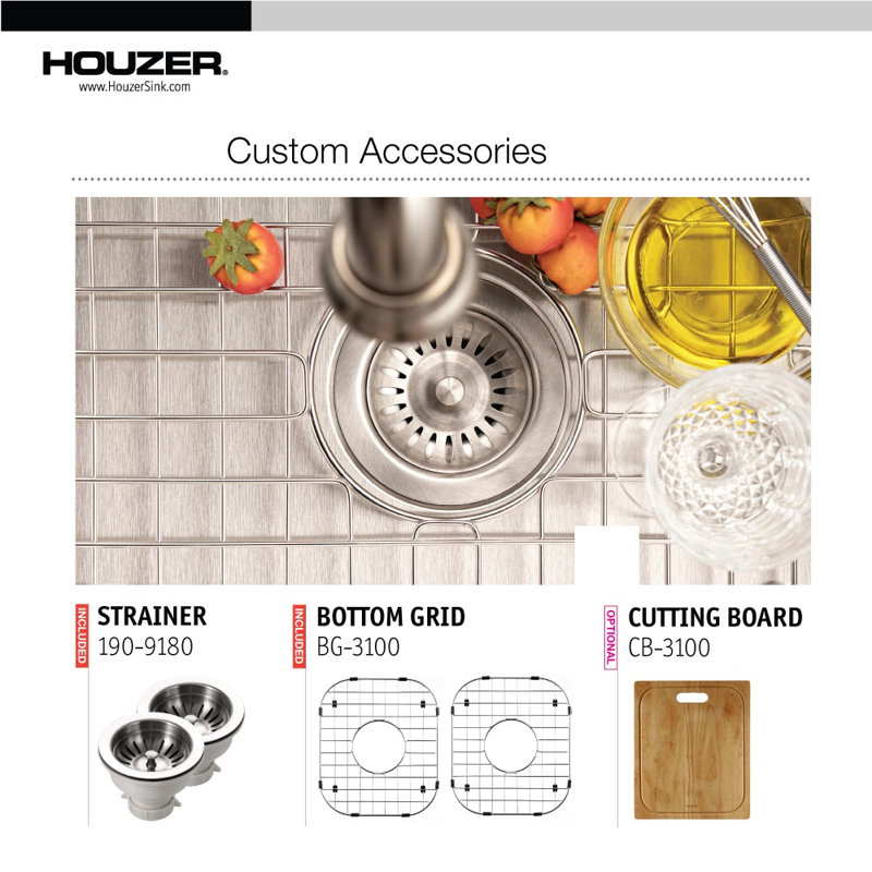 Houzer 32 in Stainless Topmount 4-hole 50/50 Double Corner Kitchen Sink w/ Strainer,Grid-LCR-3221-C