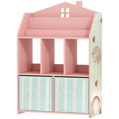 Pink House-Shaped Kids Bookshelf Toy Storage Organizer with Book Rack, Open Shelves & Fabric Drawers