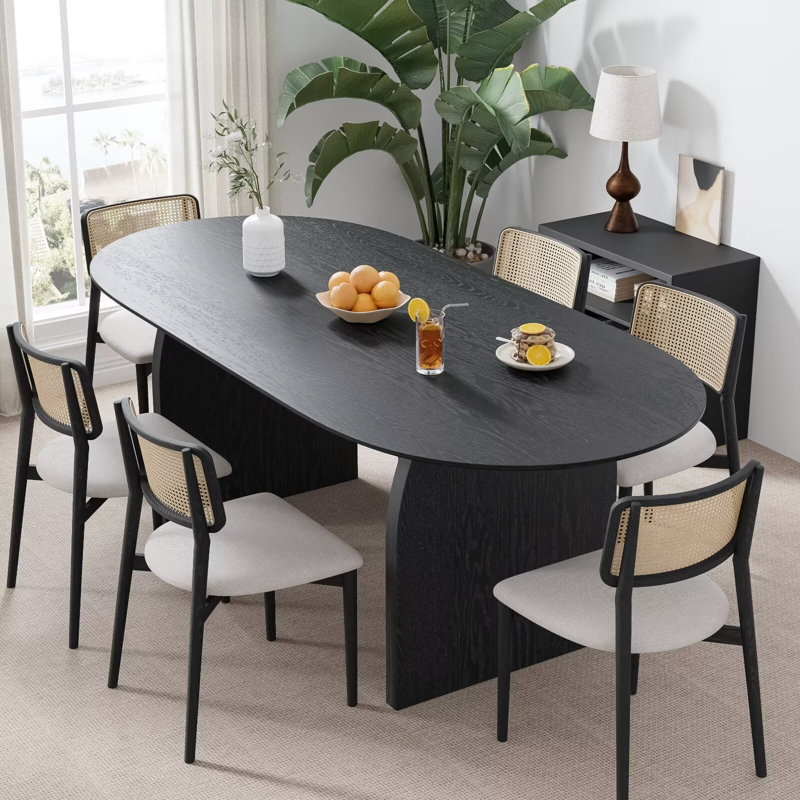 67"L×33.5"W Oval Oak Wood Dining Table with Double Pedestal Modern Kitchen Table with Solid Wood Legs for Seats 6 Black