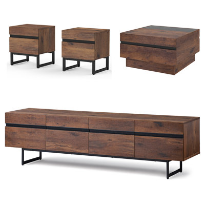 Ensemble de 4 tables de salon Fairmont, meuble télé 70 pouces, 1 table basse carrée, 2 tables d'appoint avec tiroirs pour le salon, centre de divertissement, console de table