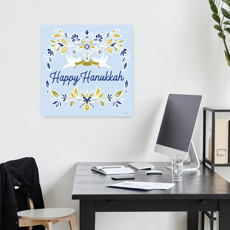 Happy Hanukkah Doves, art contemporain hivernal, H 18 po x l 18 po