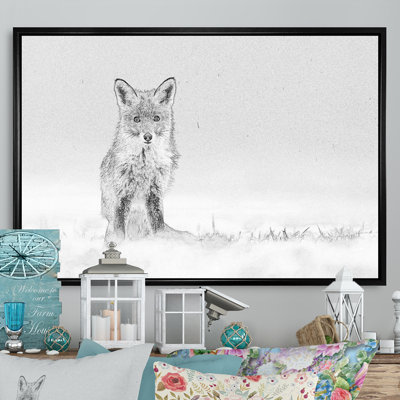 Croquis de renard noir et blanc en hiver II - reproduction de cadre flottant sur toile