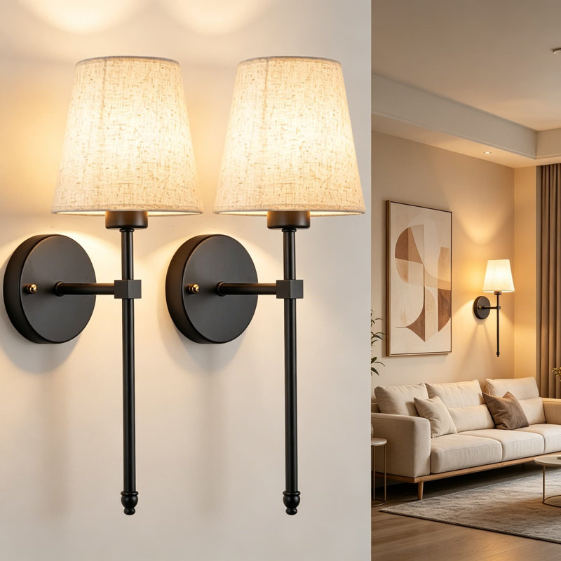 Ensemble de deux appliques murales à piles avec télécommande, luminaire mural sans cordon à intensité variable avec abat-jour en tissu, 3 modes de couleurs et réglages RVB, pour le salon de la chambre à coucher, y compris les ampoules