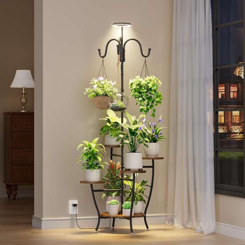Grand support à plante d'intérieur avec lumière de croissance réglable - étagère d'angle à 5 niveaux avec crochets pour le salon, le balcon et la décoration intérieure