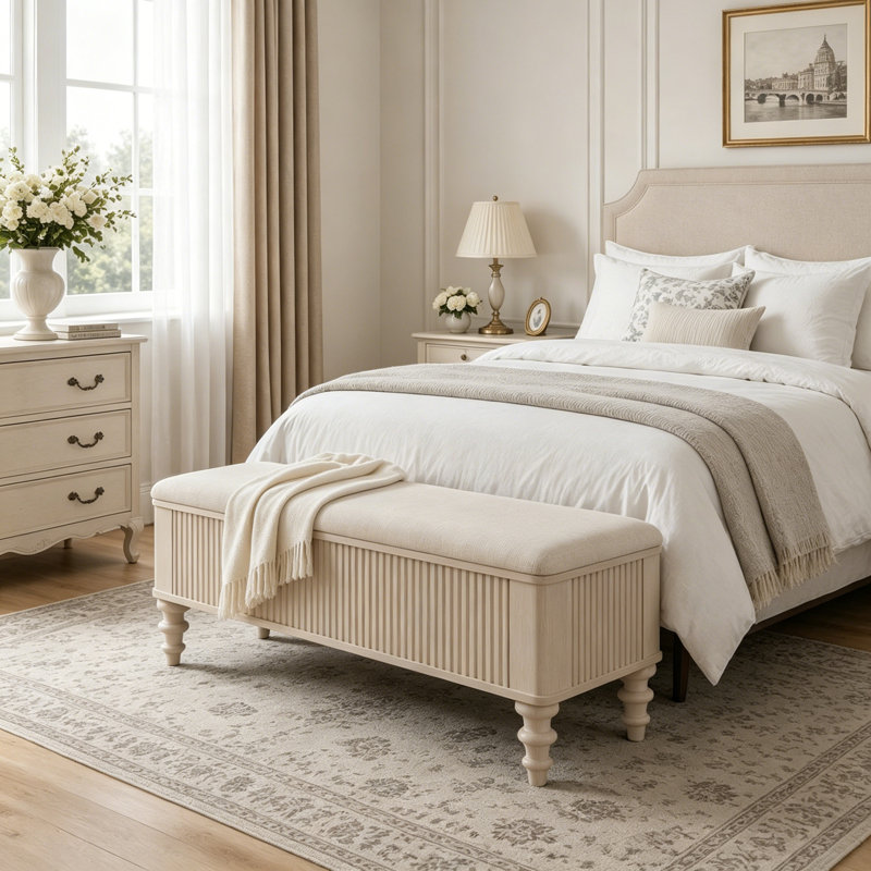 Banc de rangement multi-fonctionnel avec repose-pieds et charnière en lin, Beige