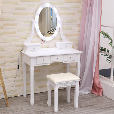 Modern Vanity Desk Set, Wooden Makeup Dressing Table with Illuminated Oval Mirror, Included Stool, 5-Drawer Storage, Complete Vanity Set with Mirror a