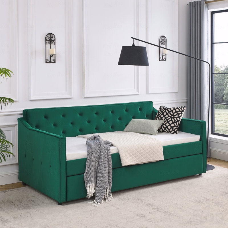 Upholstered Daybed, Twin Size Daybed With Twin Size Trundle Tufted Sofa Bed, Waved Shape Arms, Green