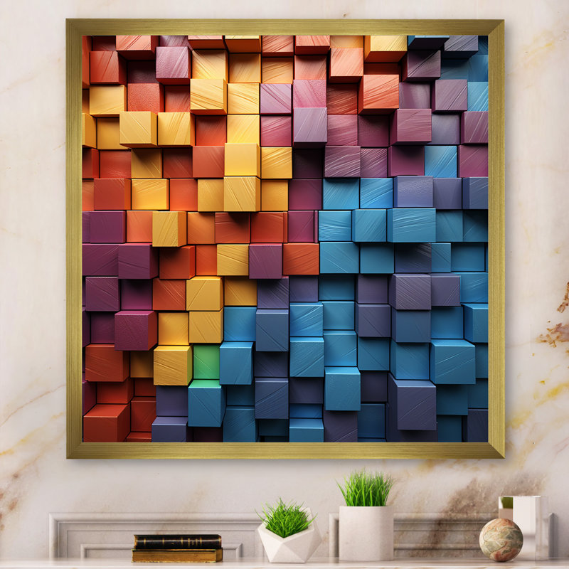 «Rainbow Cubic Wood Spectrum - Abstract Shapes», reproduction d'art sur toile, Cadre doré simple