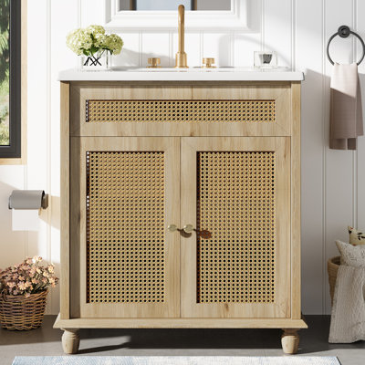 30-Inch Bathroom Vanity: Handwoven Rattan Doors, Solid Wood Legs & Resin Basin