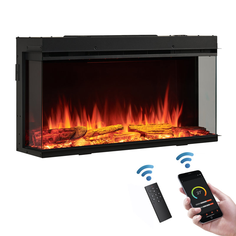 FLAMME Knighton 1/2/3-Sided Platinum Smart Electric Media Wall Fireplace, App Control, 1.8kW Heater, Logs & Crystals Included