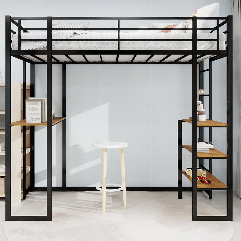 Black Iron Bed With Stairs On Both Sides For Twin Bedroom, Featuring Space - Saving And Stable Installation Railing L Shaped Desk Youth's Robust, Structure