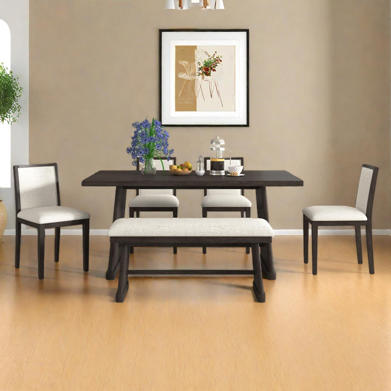 Ensemble de table de salle à manger rustique 6 pièces avec pieds trapézoïdaux, Espresso