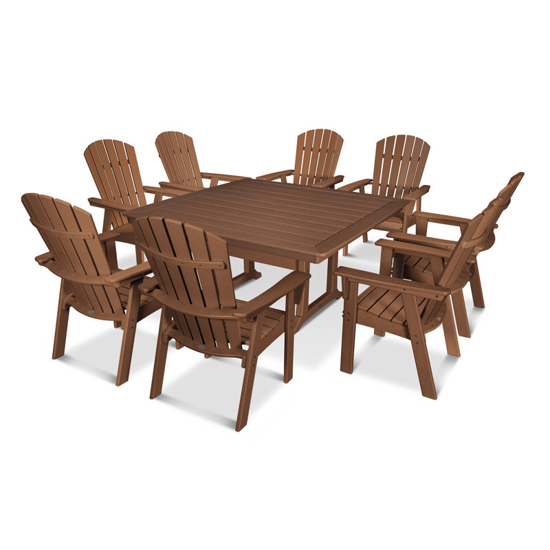POLYWOOD Nautical Adirondack 9-Piece Trestle Dining Set, Teak, 9 Pieces: Table, 8 Chairs