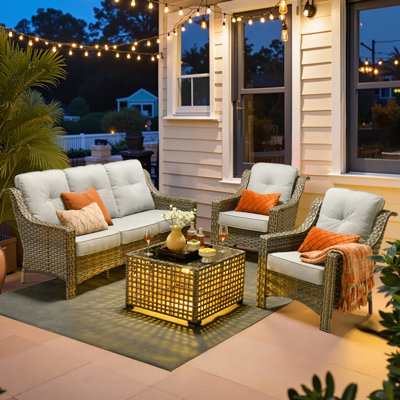 5 - Person Wicker Outdoor Conversation Set, Patio Sofa Set with Lighted Coffee Table and Cushions